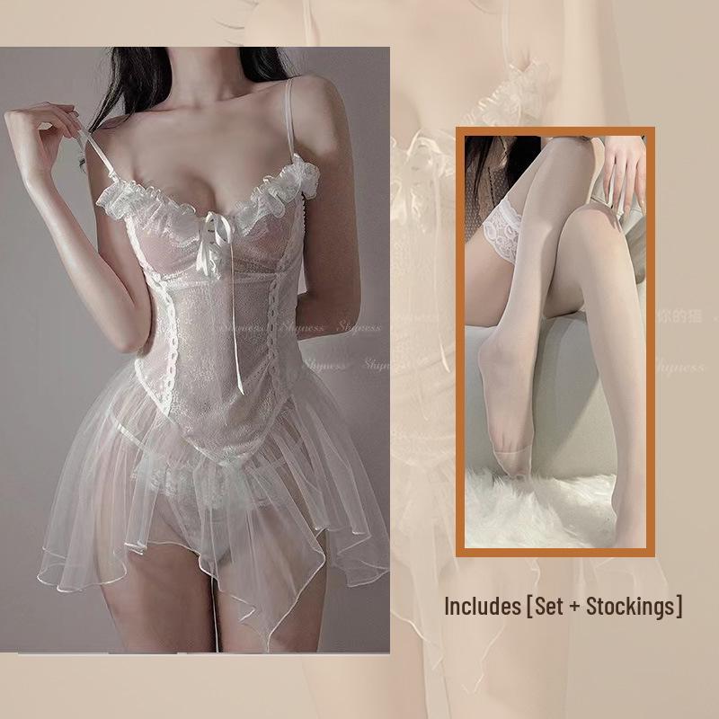 Golden Night Lingerie: Sheer Mesh Strapless Nightgown Lace Set