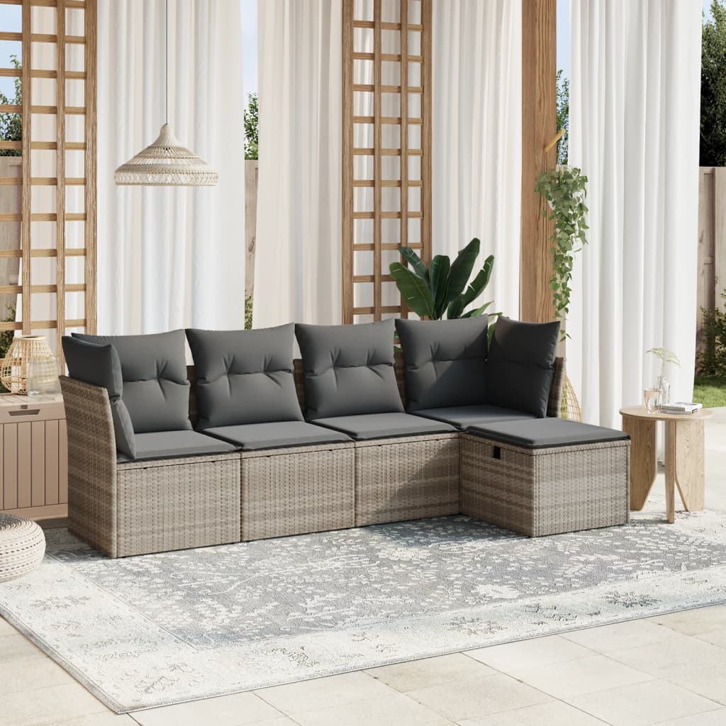 5-teiliges Gartensofa-Set mit Kissen Hellgrau PE-Rattan