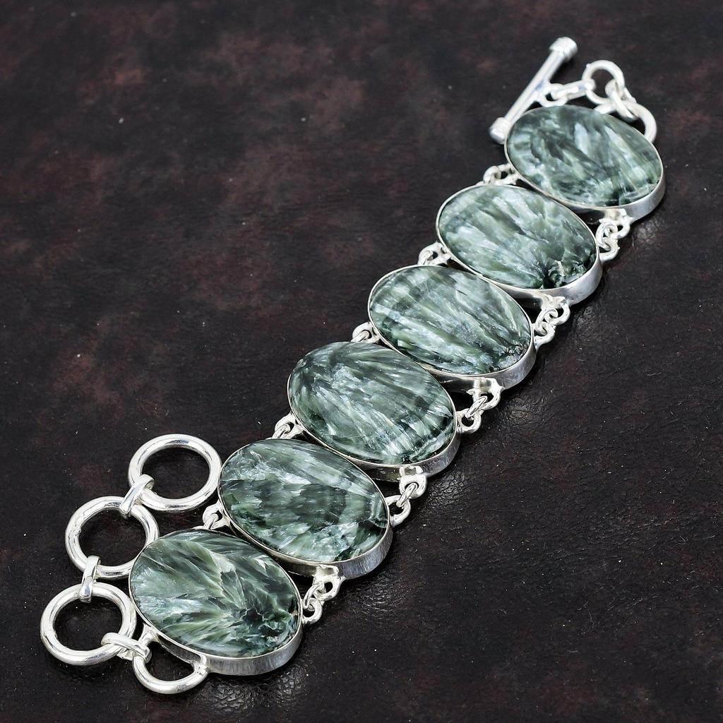 Seraphinite Gemstone Bracelet 925 Sterling Silver Bracelet Adjustable Chain Bracelet Amazing Silver Jewelry Handmade Bracelet Gifts for Wife
