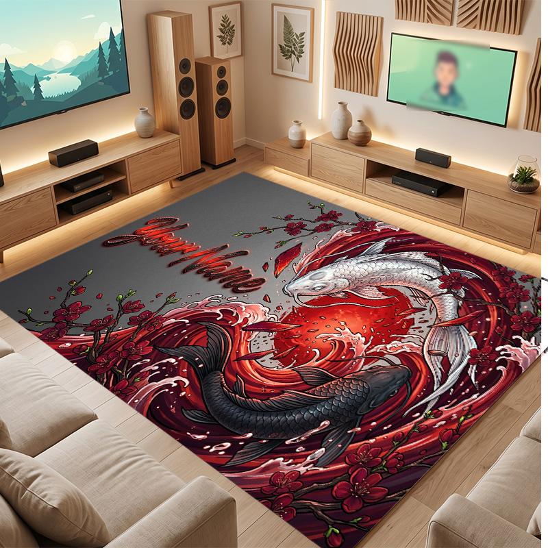 Koi Fish Theme Soft Crystal Velvet Rug Custom Name & Text Print Non Slip Floor Rug for Bedroom Living Room