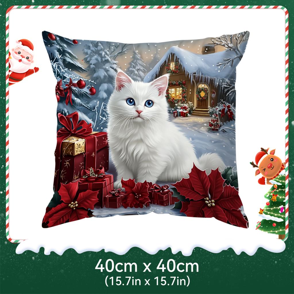 Christmas Themed Cat Pillowcase Bedroom Sofa Cushion Cover 100% Polyester Living Room Cushion Pillowcase Home Decor