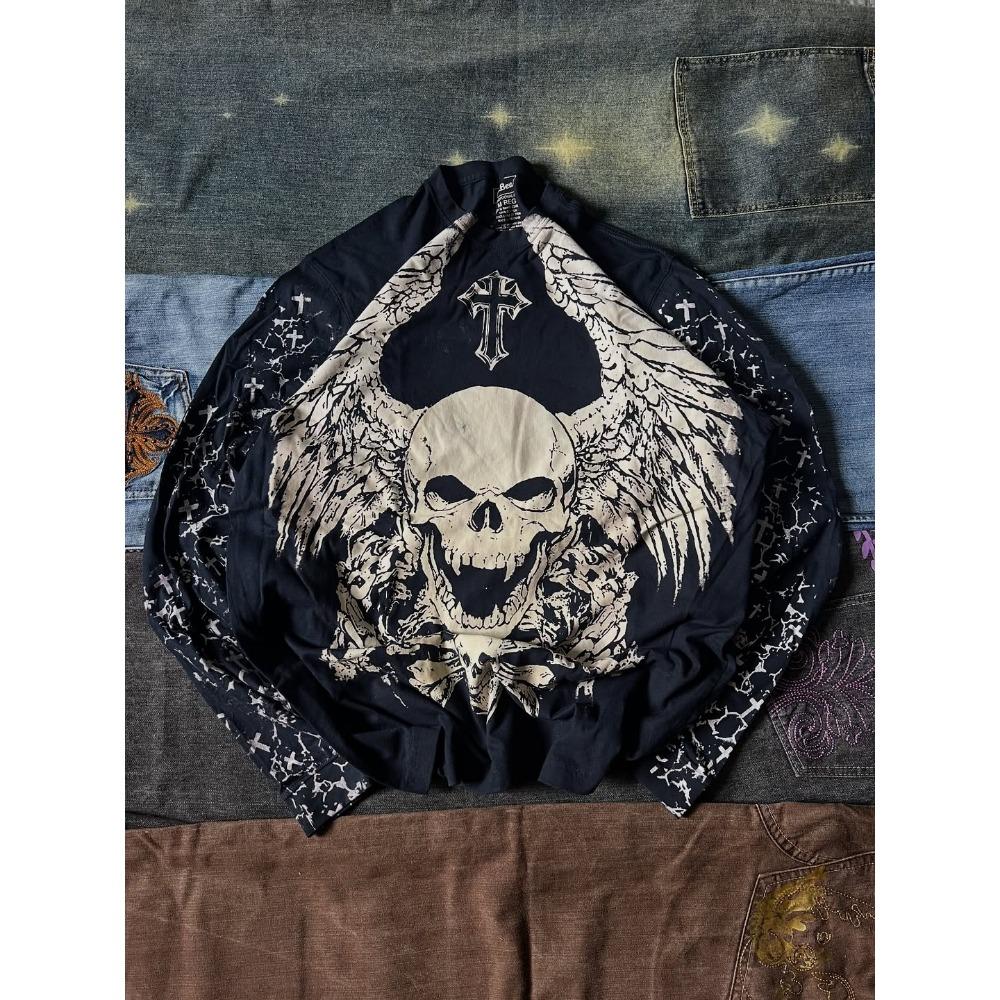 Y2K Affliction Long Sleeved T Shirt Fashion Round Neck Oversized T-shirt Men Wing Printing Casual Gothic Tops Streetwear