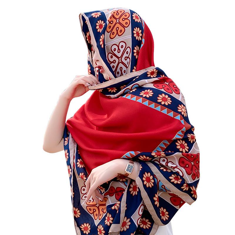 New red flower ethnic style scarf women's summer sunscreen silk scarf Yunnan Dali travel shawl with cape