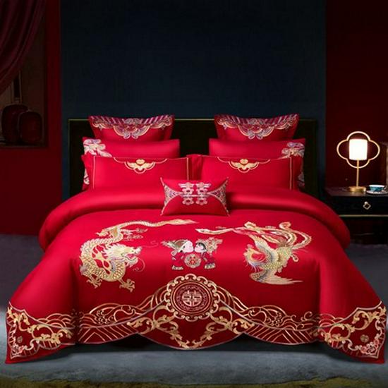 Luksusowy zestaw pościeli ślubnej z haftowanymi Smokiem i Feniksem - 4-częściowa, świąteczna, czerwona kołdra dla nowożeńców