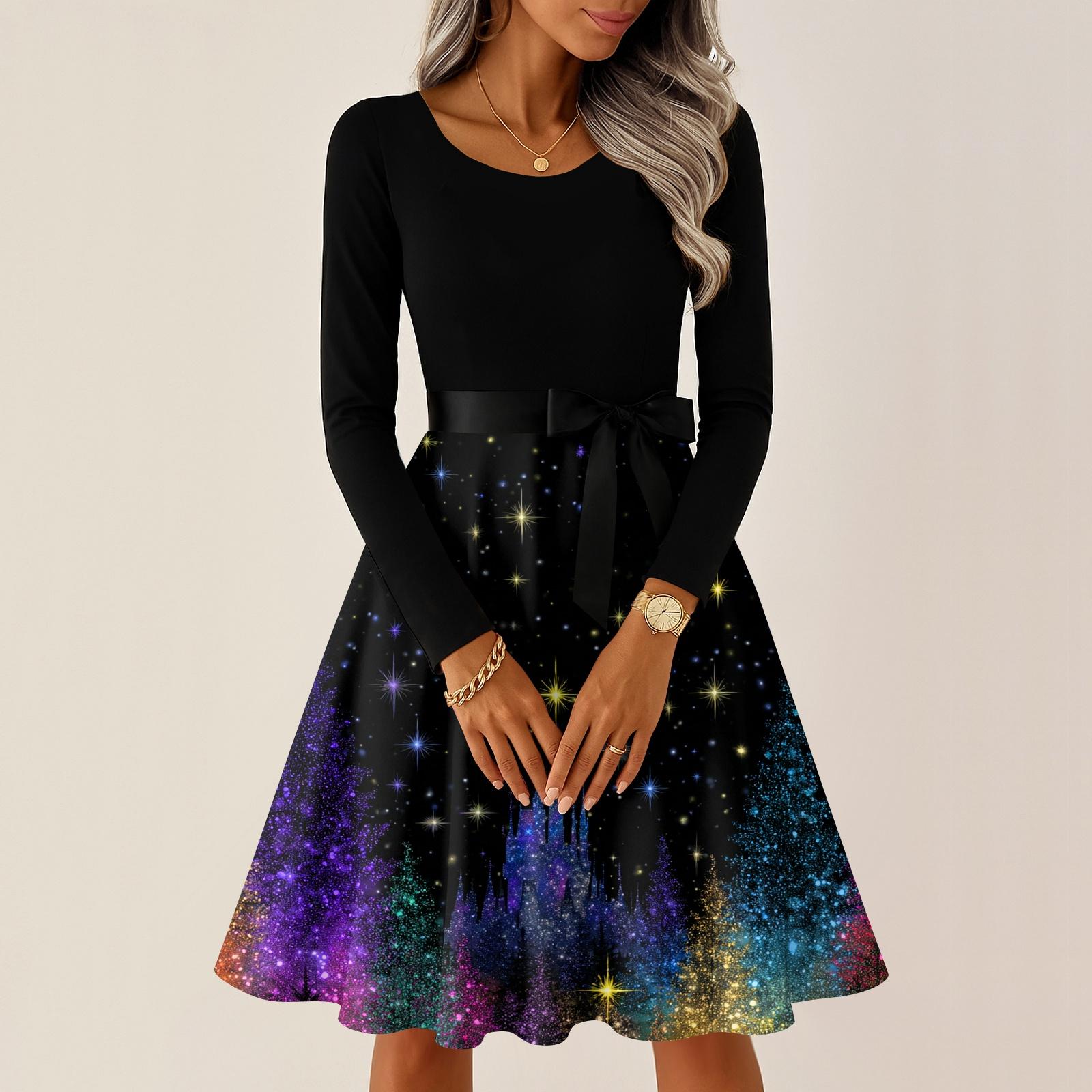 

Женские повседневные модные платья с круглым вырезом, длинным рукавом, рождественским принтом, для вечеринки, винтажные длинные платья XXL синий