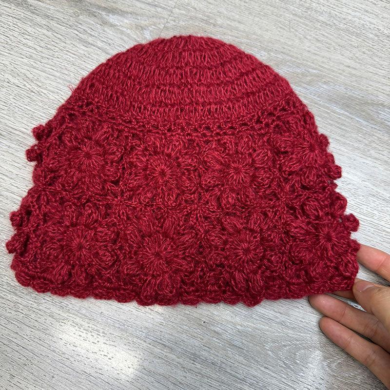 Handmade flower bag head hat female face small literary versatile pile hat winter cold warm knitted wool hat