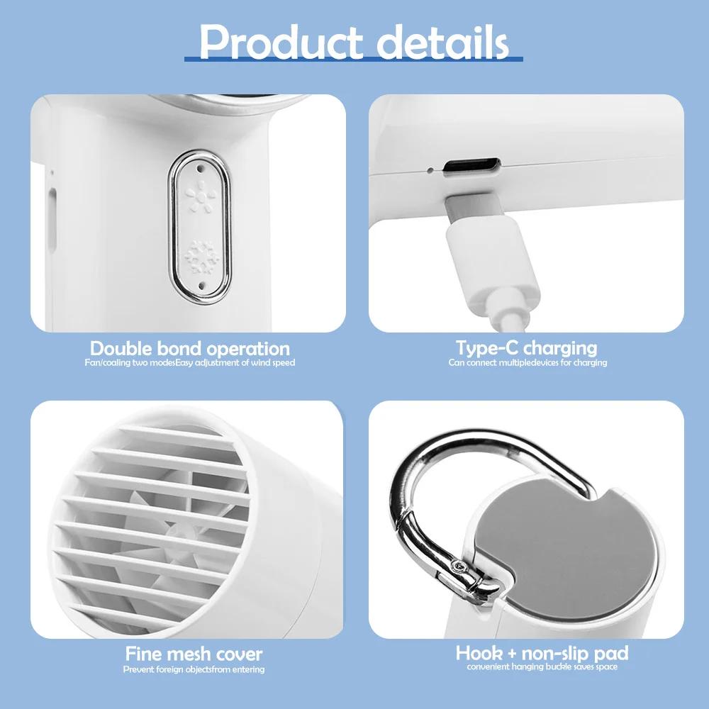 Mini Handheld High-speed Turbo Fan with Cold Compress and Portable Hooks 5 Speed Adjustable Type-C Rechargeable Air Cooling Fans