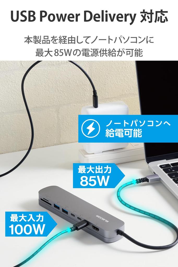 ELECOM USB Type-C Hub Docking Station 8-in-1 with Stand, PD Compatible, 100W, 2 x USB 3.1 Gen1 Ports, 1 x HDMI Port, 3 x USB-C Ports, SD + microSD Slo