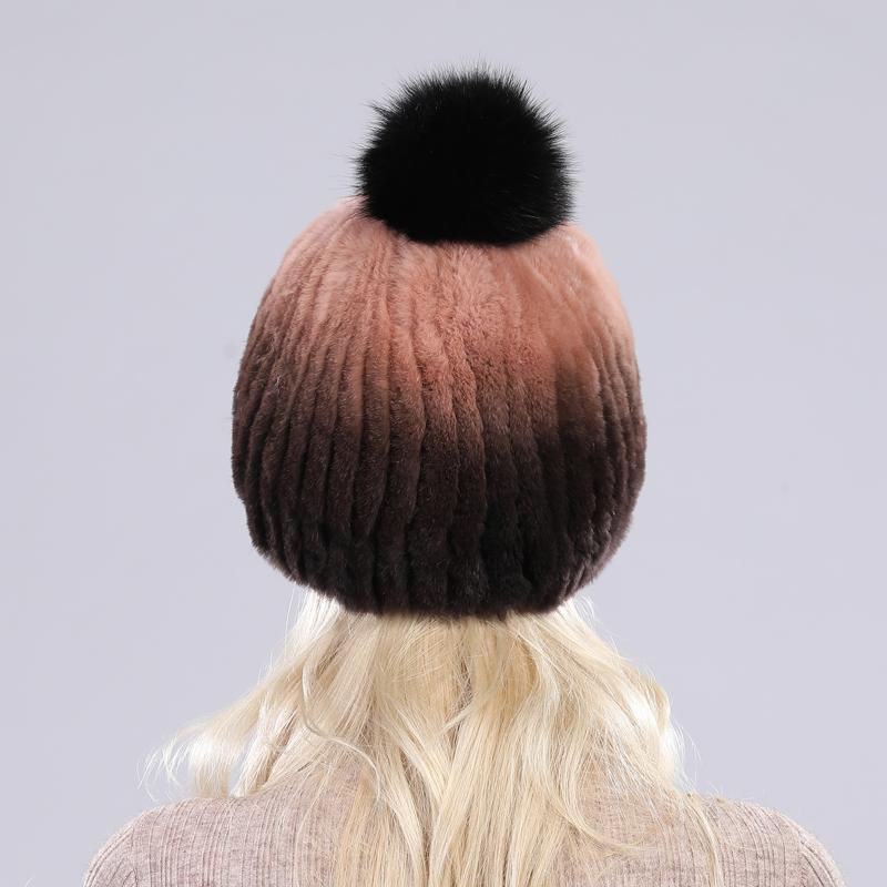 Winter hat Good elasticity women knitted 100% real rex rabbit fur cap with fox fur pompoms Natural rex rabbit fur lady warm hats