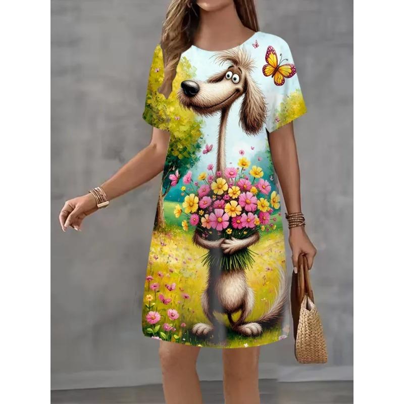 Summer Ladies 3D Printed Short Sleeve Dress Fashion Versatile Breathable Trend Casual