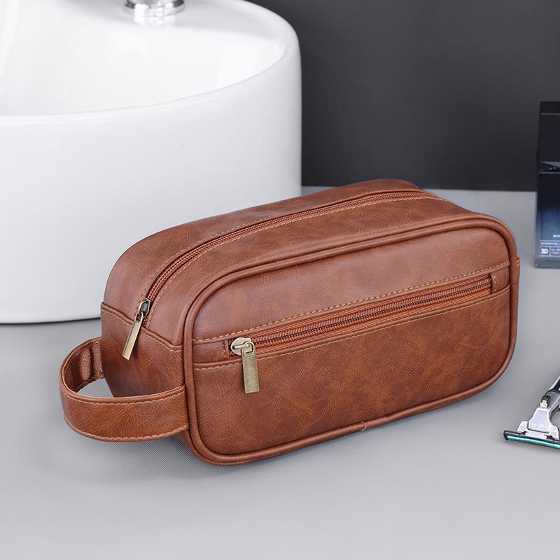 Men PU Wash Bag Travel Business Trips Portable Cosmetic Bag Large Capacity Multi Pocket Design Handheld Wash Bag