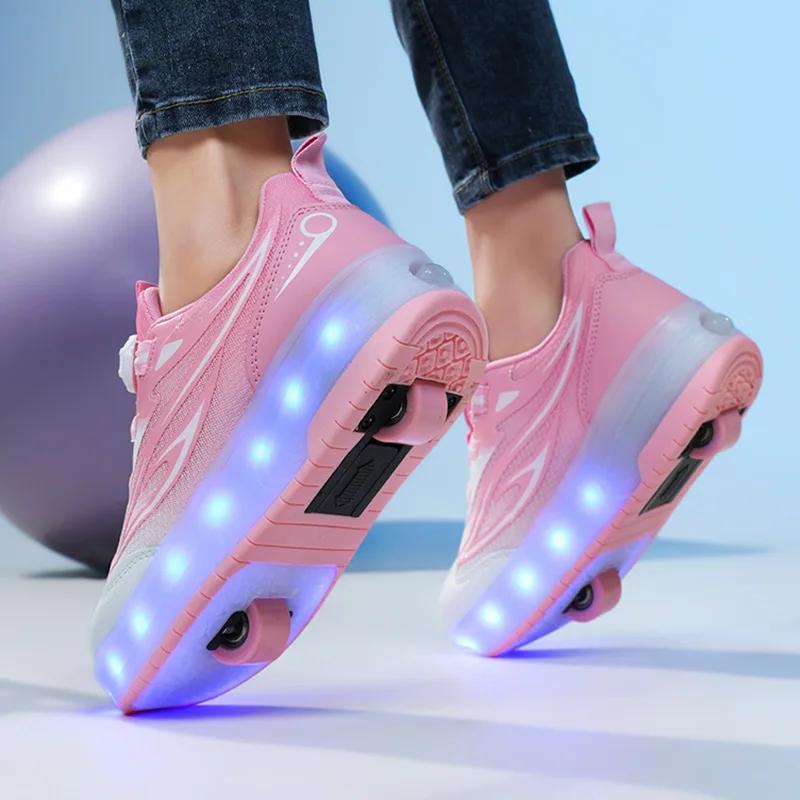 Children's 2-in-1 Removable Roller Skating Shoes for Skating and Parkour Racing Roller Skate Shoes Women's Sneaker with 2 Wheels