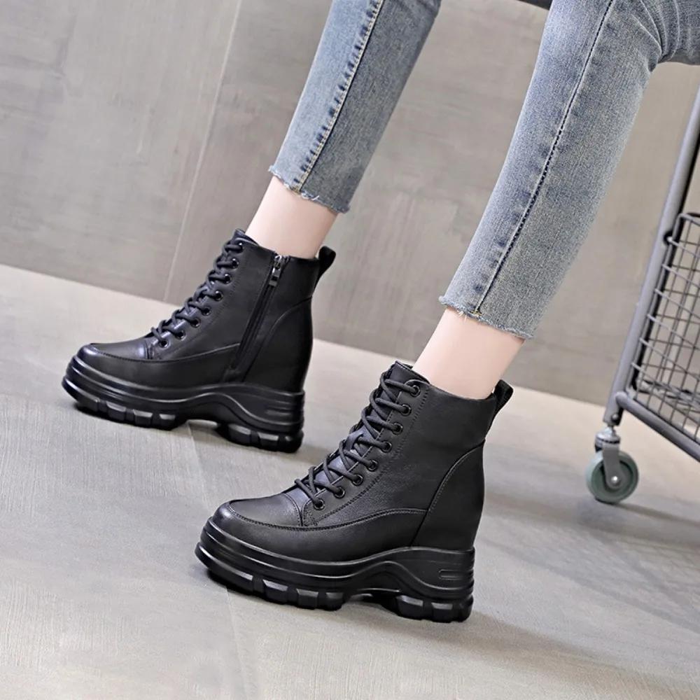 Short Boots Women  New Autumn Collection Thick Soled Woman's Shoes with Increased Height Inside British Style Womens Boots