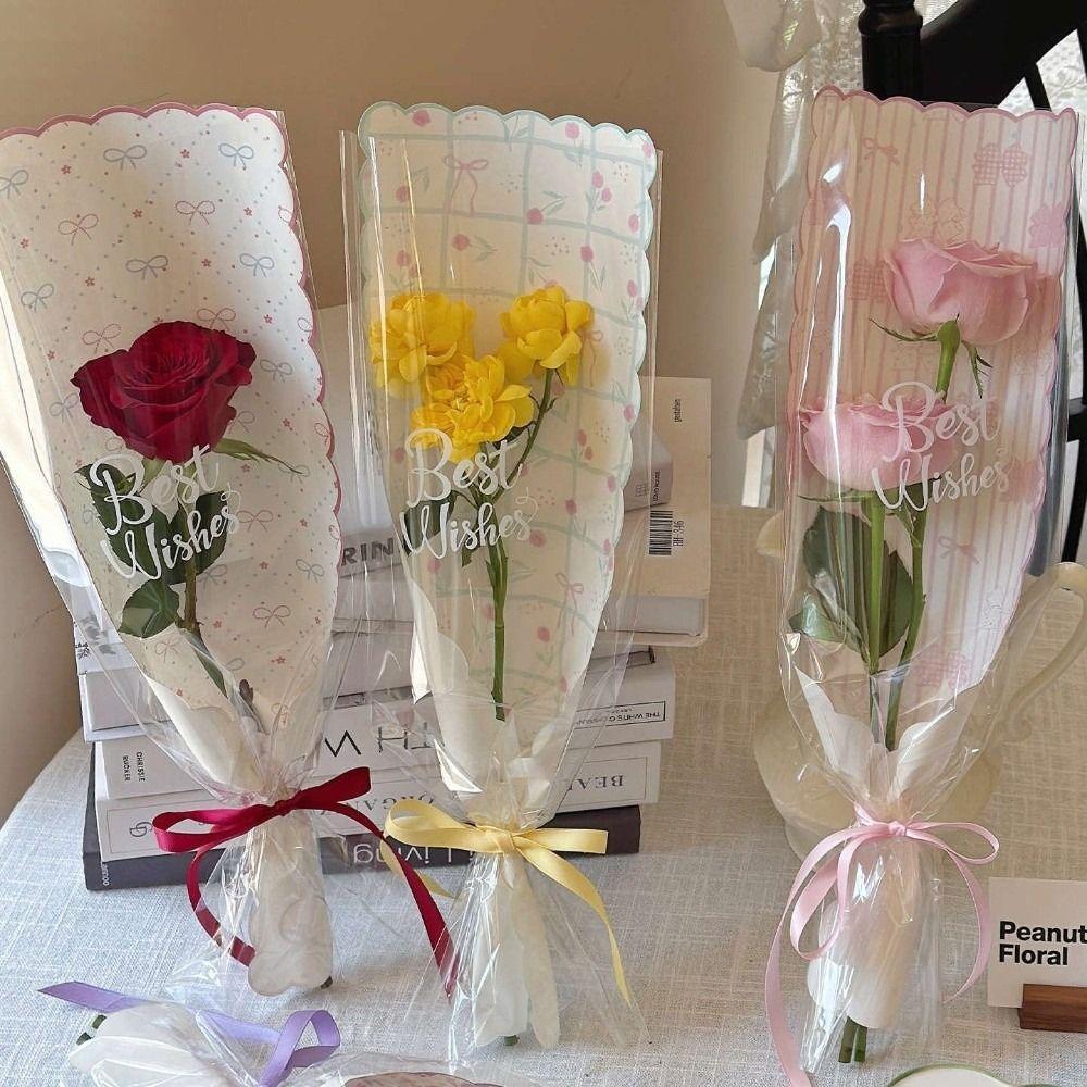 10pcs Bow Flower Packaging Bag Waterproof DIY Single Rose Sleeves Floral Material Packaging Transparent Bouquet Packaging Sleeve