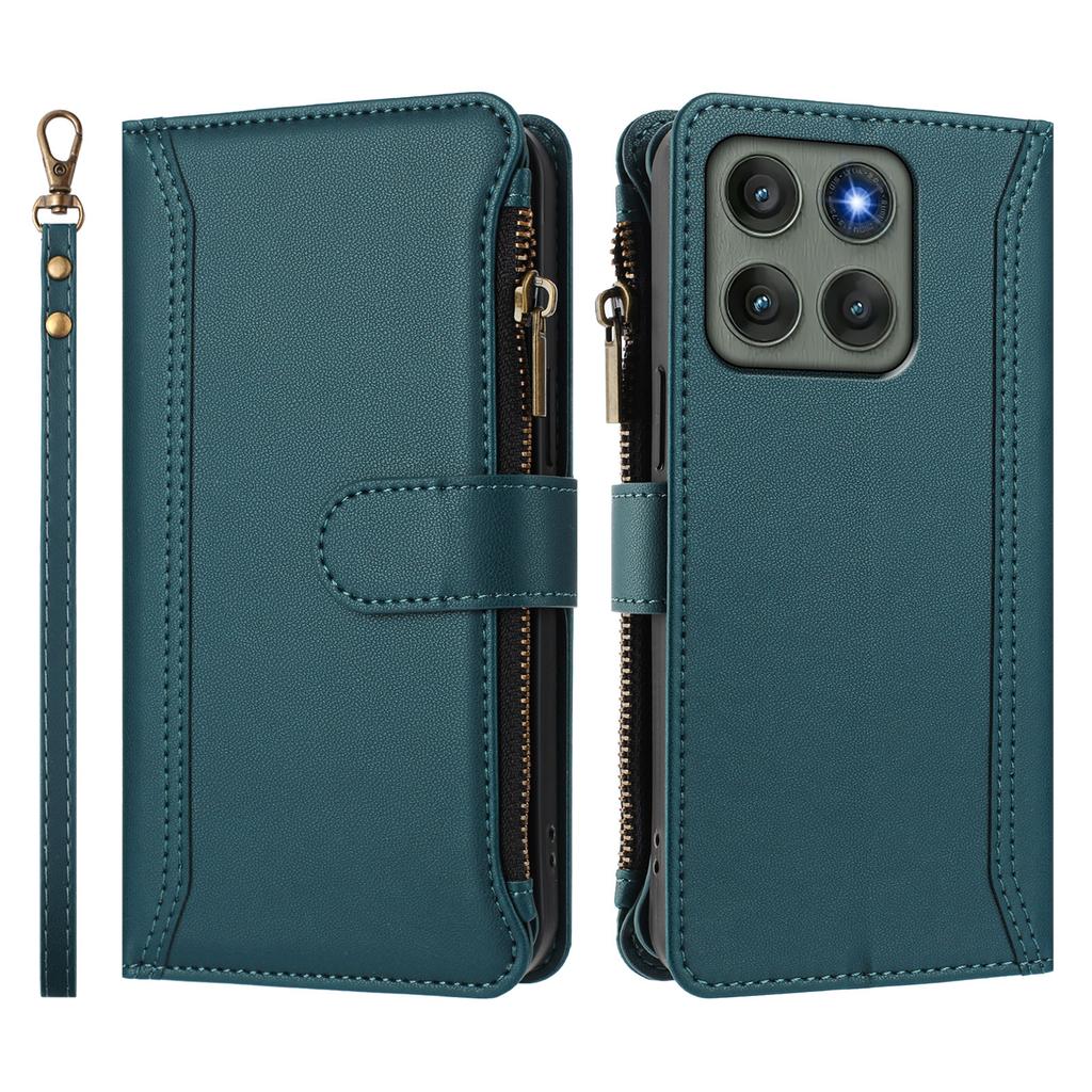 For Motorola Edge 60 Pro 5G Leather Case 9 Card Slots Zipper Wallet Stand Phone Cover with Wrist Strap