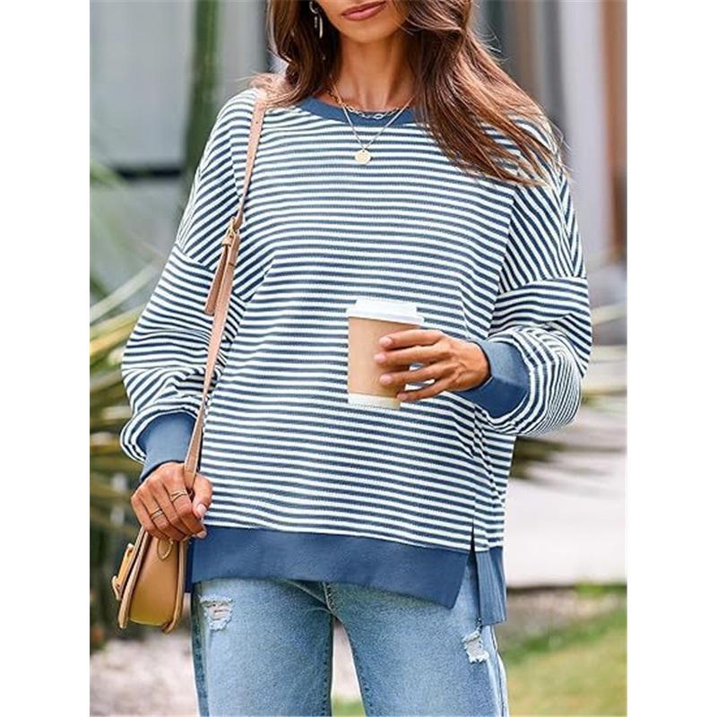 Dames Gestreept Crewneck Sweatshirt Los Oversized Lange Mouw Pullover Casual Dagelijks Blouse Top