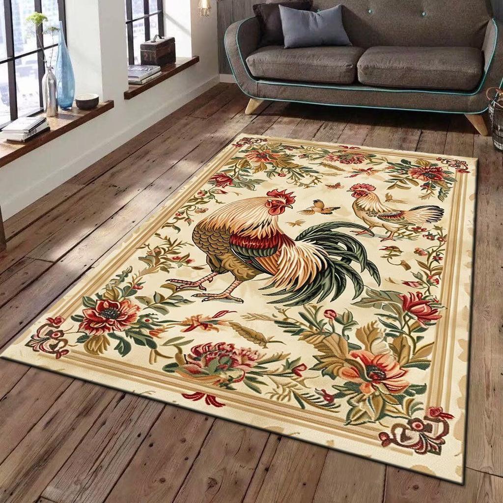 Living Room Decoration Large Carpet Vintage Rooster Print Carpet Wooden House Sofa Winter Warm and Non Slip Foot Pad