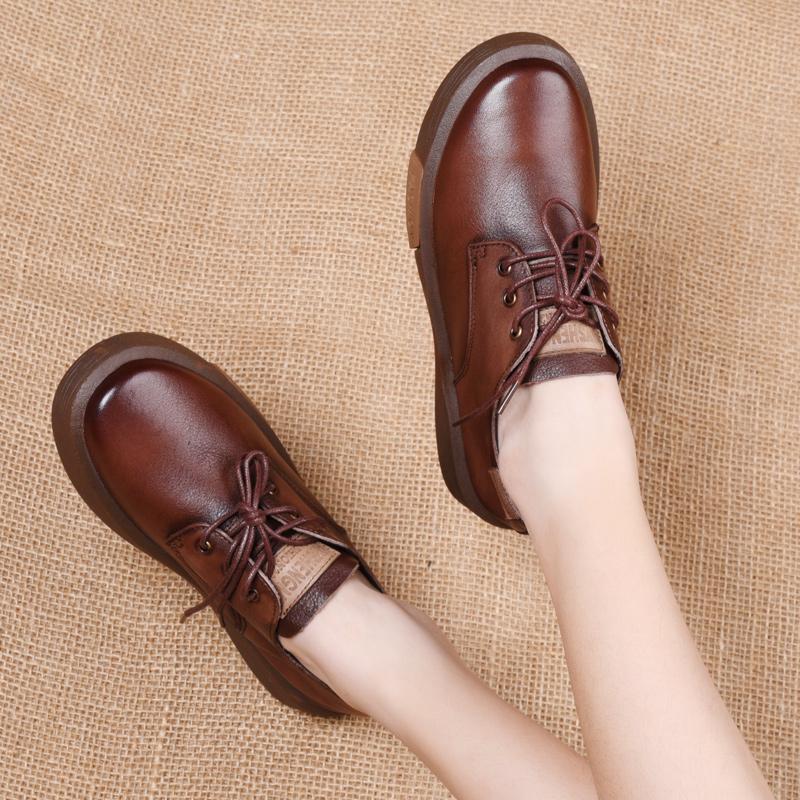 Baskets GKTINOO Mode Femme Cuir de Vache Véritable Bout Rond Lacets Dames Rétro Décontractées Chaussures Plates Mocassins Faits Main