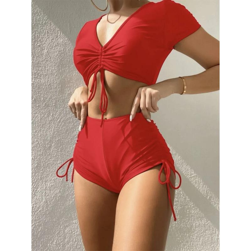 

Сексуальный купальник бикини на шнуровке 2024 женский зеленый черный с коротким рукавом из двух частей летний купальный костюм плиссированный с высокой талией XL красный