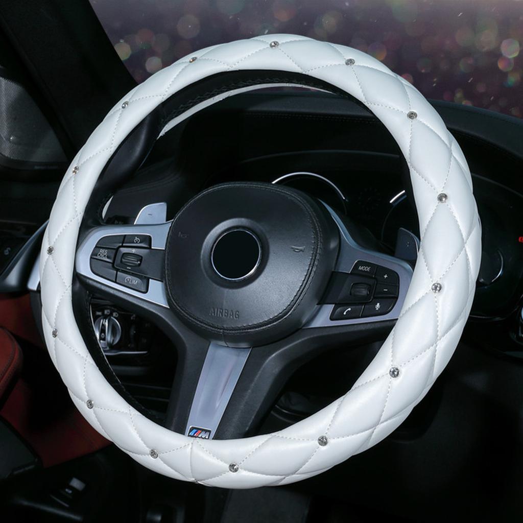 Měkký kožený vyšívaný stereo kryt volantu do auta s vnitřním kroužkem, zdobený diamanty, pasuje na 14,5-15 palců
