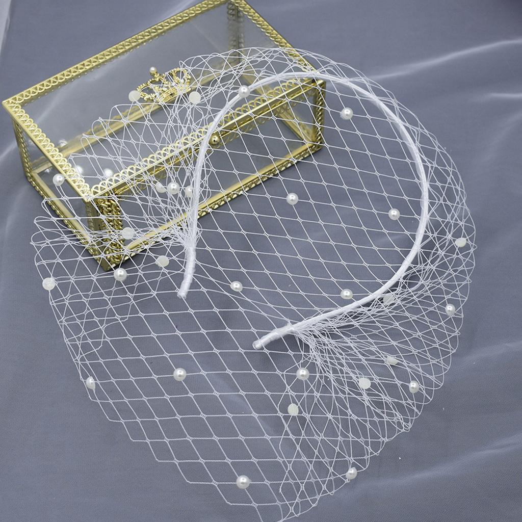 Beadwork Wedding Forehead Veil Headband Short Bridal Veil Wedding Event Headpiece for Bride Puff Veil for Engagement