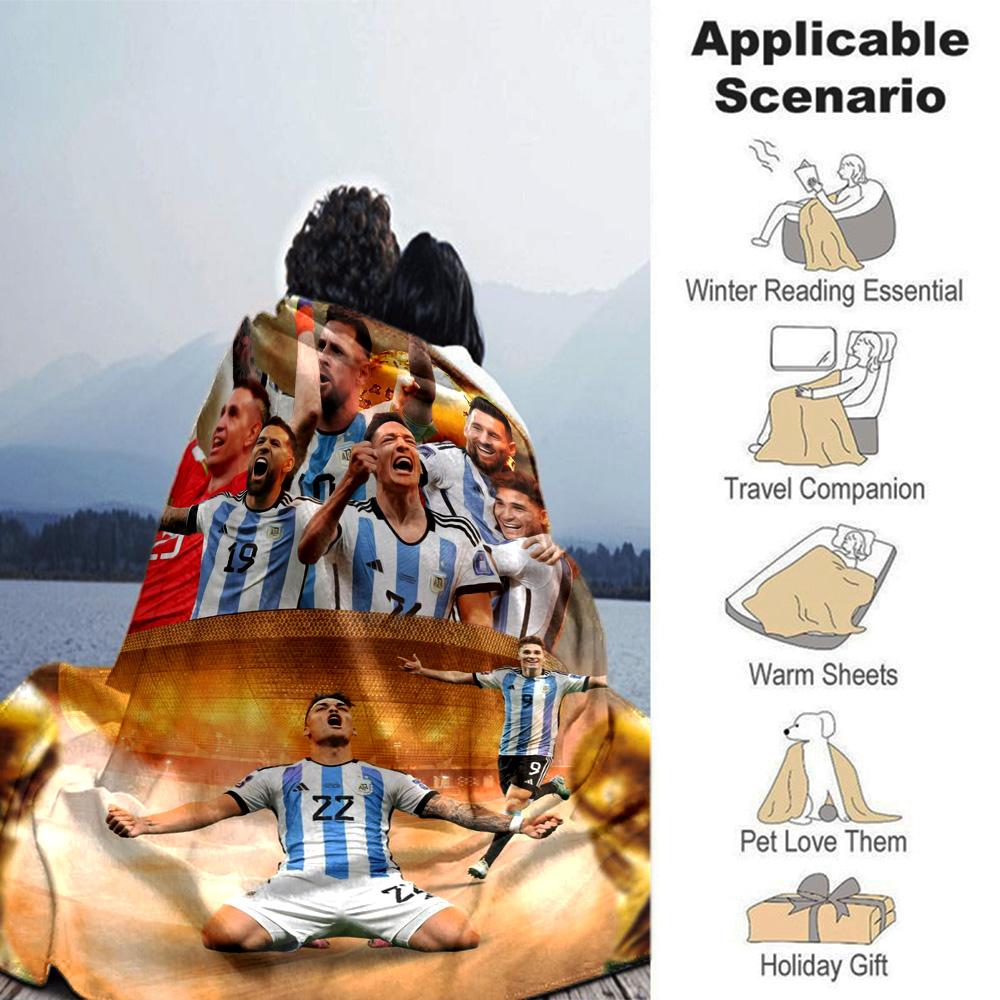 Argentina World Cup Champion Team Collage Print Fleece Blanket Soccer Fan Soft Warm Throw Blanket for Sofa Bedroom Home Decor Gift