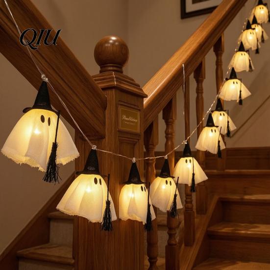 Reusable Holiday Seasonal Lights Halloween Ghost String Light, Hanging Fabric with Wizard Hat, Party Atmosphere Lighting Glowing Fairy for Fireplace