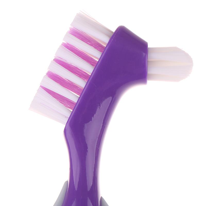 Multi-Layered Bristles Denture Cleaning False Teeth Brush Oral Care Non-Slip Ergonomic Rubber Handle Dual Heads Antibacterial