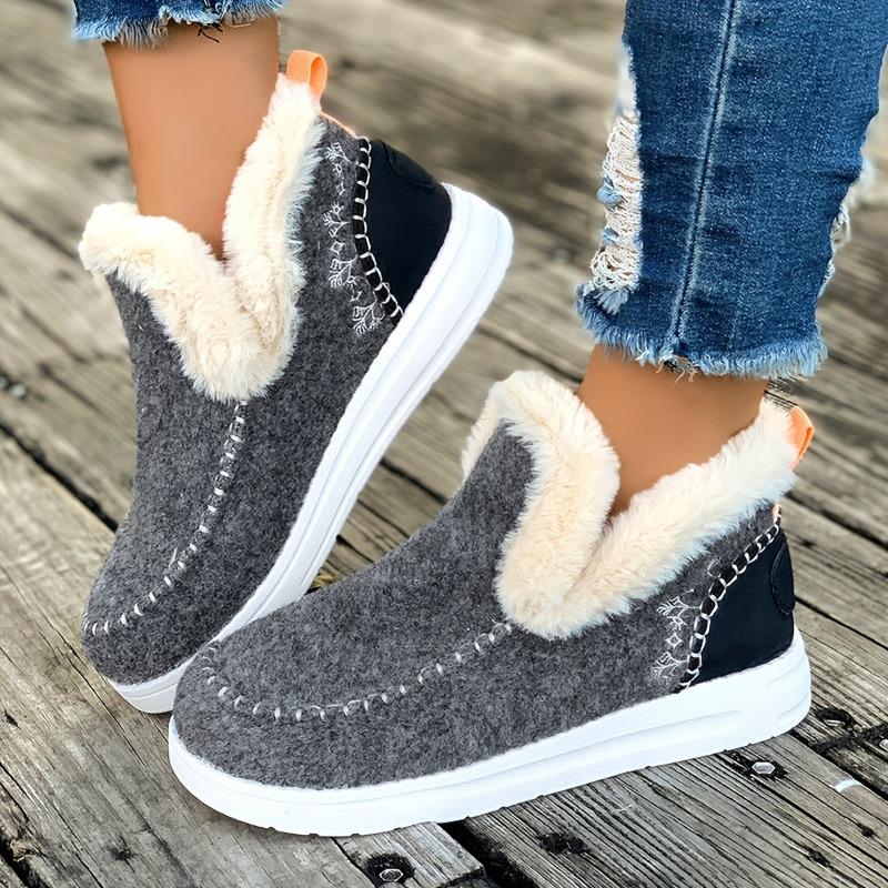 Women's Winter Ankle Boots - Slip-On Boots with Non-Slip PU Sole, Thick Cushioned insole Faux Fur-like collar - Cold Weather Shoes for Everyday