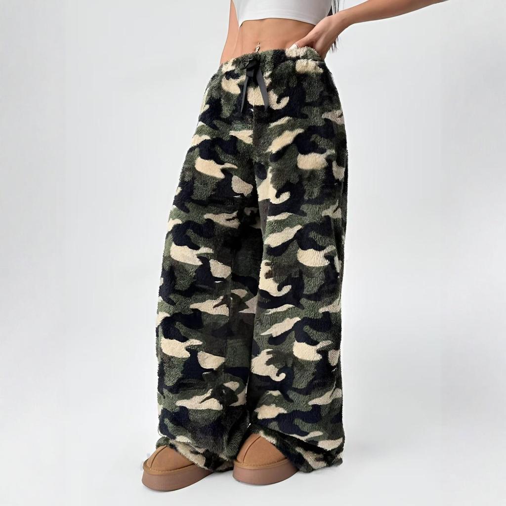 Women's Loose Elastic Drawstring Plush Checked Long Pants