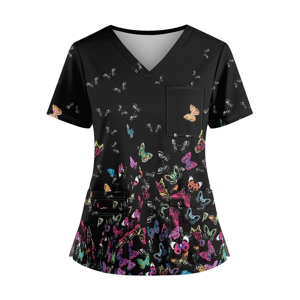 Plus SizePrinted Scrub Working Uniform Tops For Women's Cross V-Neck Halloween Print Short Sleeve Fun T-Shirts Workwear Tee With Pockets