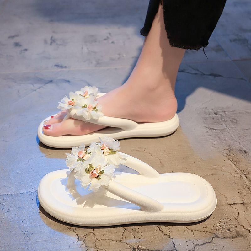 White Woman Flip Flops Slippers Flowers Sandals Soft on Beach Shoes for Women Casual New Collection Eva Summer Sale Shoe Slides