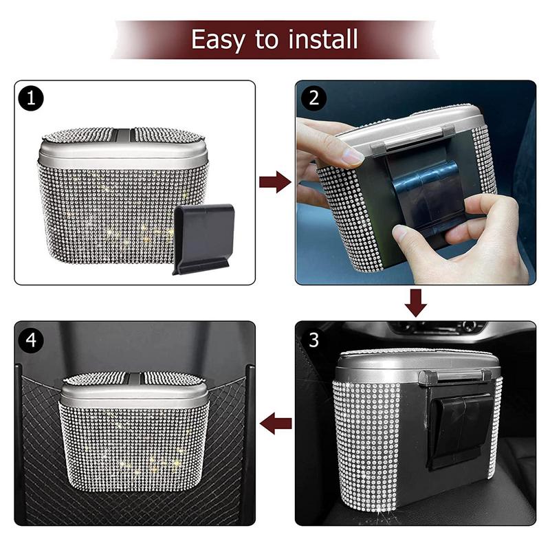 Car Garbage Can Elegant Rhinestone Design Car Trash Can With Lid Multifunctional Front Seat Garbage Bin Multipurpose Organizers