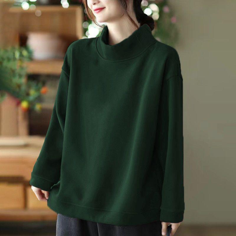 Autumn Winter Plus Velvet Thick New High Neck Long Sleeved Base Shirt Women's Loose Top Plus Size Fat MM Casual Sweatshirt