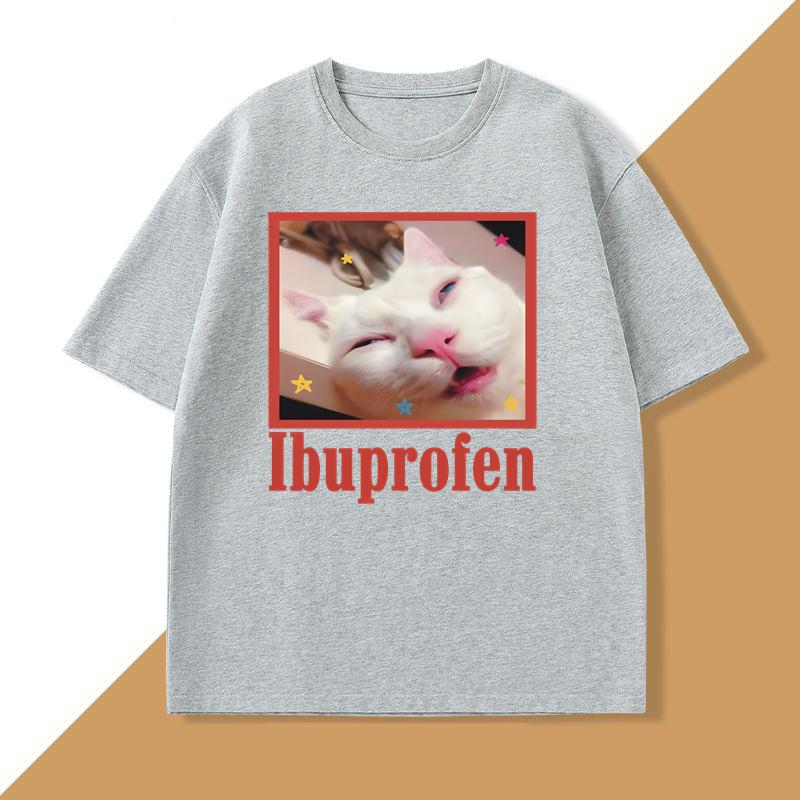 

Funny Ibuprofen Cat T-shirt for Men Graphic T Shirts Cute Cat Lover Cotton T Shirt Round Neck T Shirts Short Sleeves Tees XXXL сірий