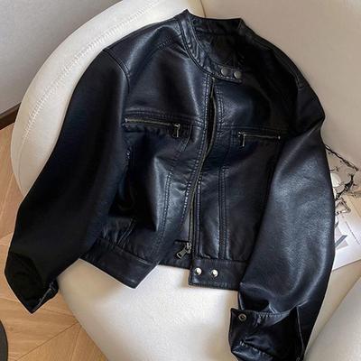 2025 Spring/Autumn Women's Retro Hong Kong Style Short Leather Biker Jacket