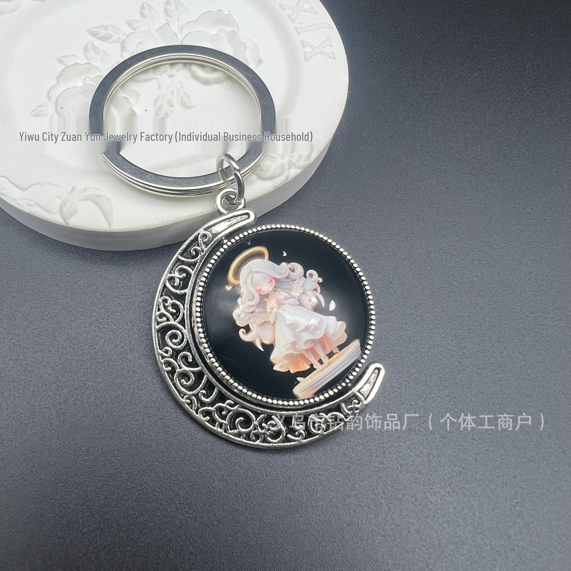 Double-Sided 25mm Gemstone Keychain: Demon and Angel - One Thought Heaven, One Thought Hell