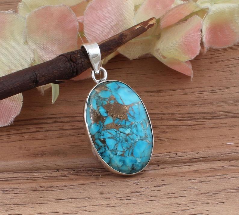 Solid 925 Sterling Silver Blue Copper Turquoise Gemstone Pendant Handmade Jewelry Healing Pendant
