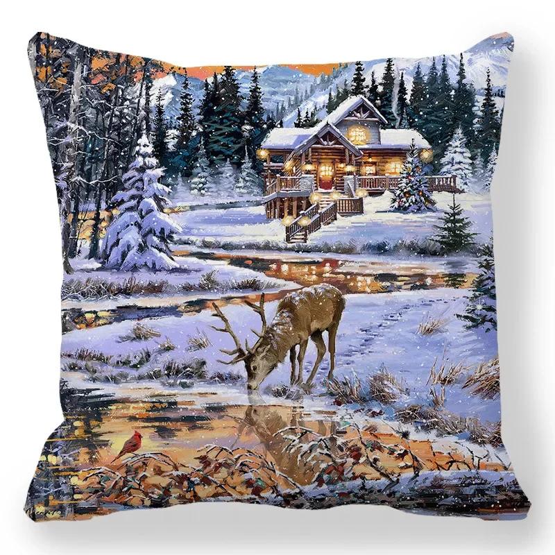Christmas Decor Cushion Cover Christmas Gifts Home Party Decorative Pillow Cover Winter Snow Scene Animal Angel Print Pillowcase