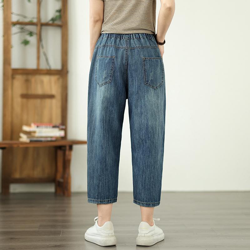 DIMANAF Plus Size 2025 Women Pants Summer Loose Jeans High Waist Embroidery Vintage Harem Pants Elastic Waist