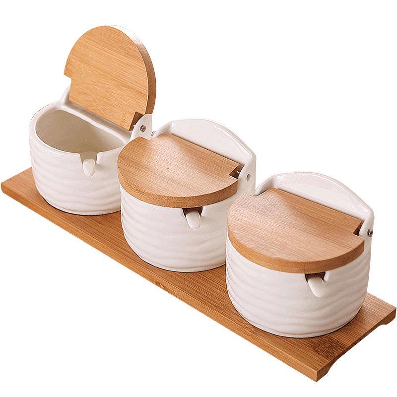 Kitchen Supplies Ceramic Seasoning Jar Three-Piece Set Creative White Seasoning Box Bamboo Flip-Top Seasoning Bottle Sugar Jar Salt Jar
