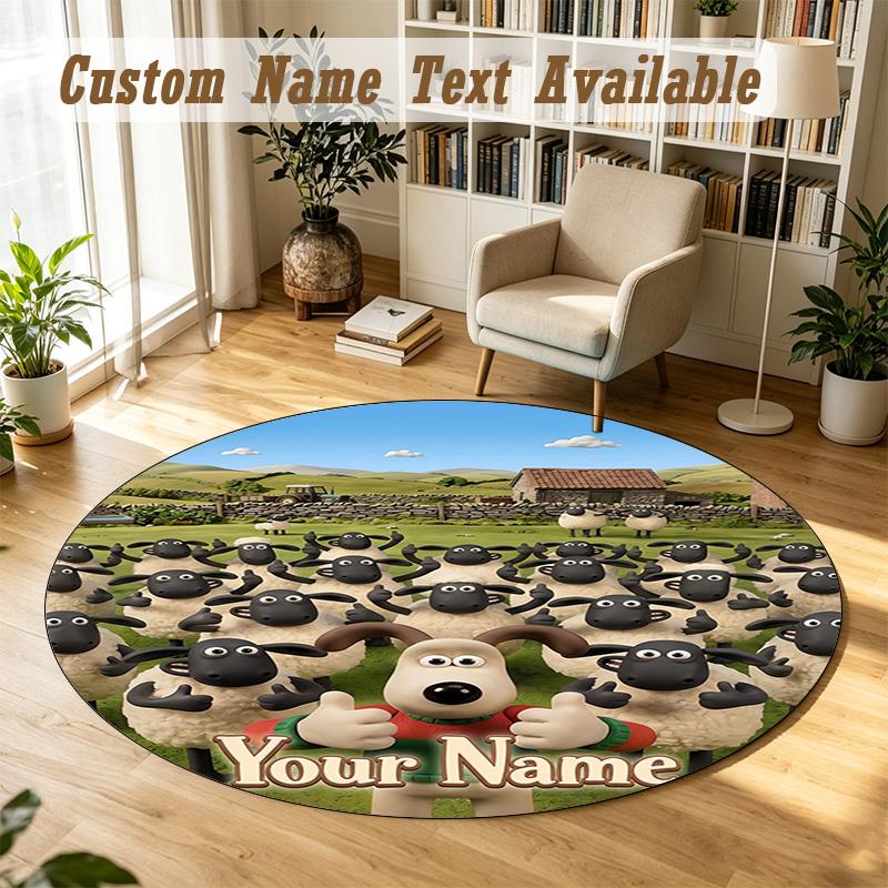 Round Rug Custom NameShaun the Sheep Pattern Non Slip Carpet Home Floor Decor