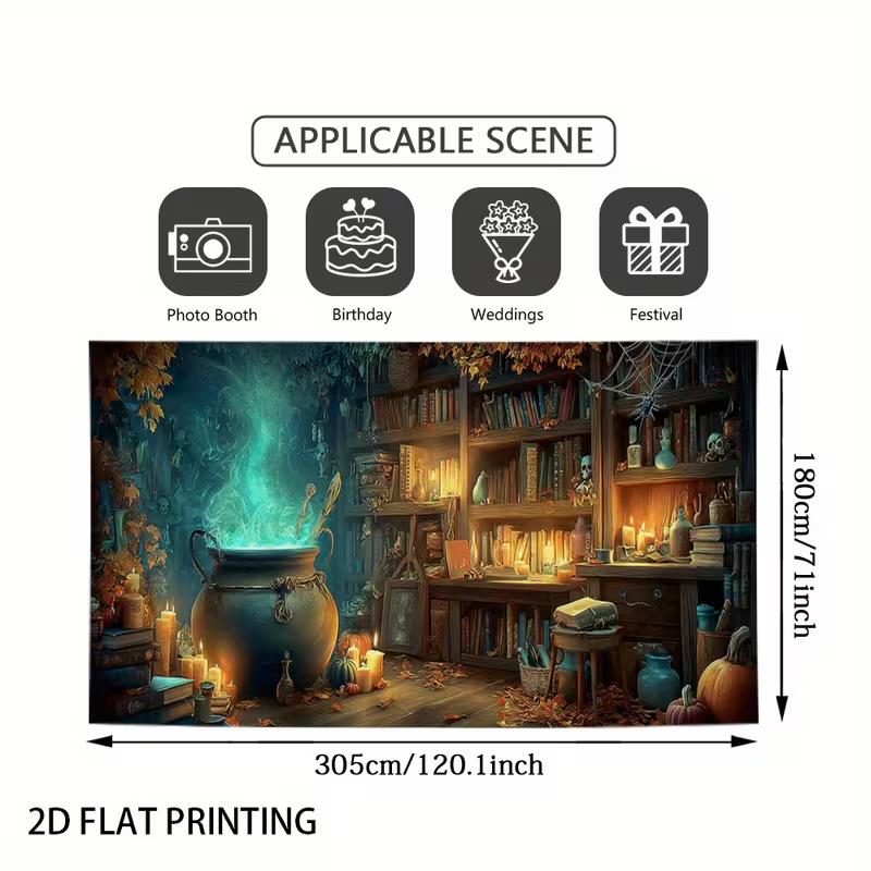 

2D Flat Printing Wizard Room Backdrop, Witch s Cauldron & Old Books Photography Background for Events 47.2x31.5inch/120*80cm