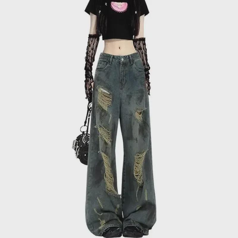 Retro Ink-Splashed Worn-Out Wasteland Jeans: 2024 Korean Niche Loose Drape Mopping Style for Spring & Autumn