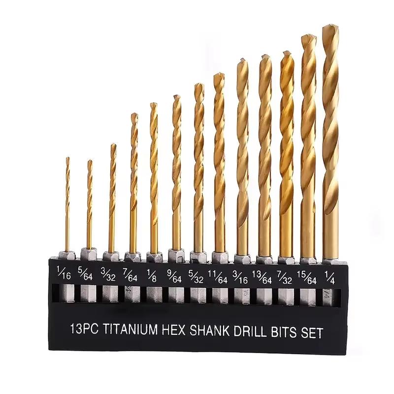 

Набор из 13 сверл из быстрорежущей стали с титановым покрытием, шестигранный хвостовик 1/4 дюйма, шестигранная ручка 1/16-1/4 дюйма, спиральное сверло для домашнего ремонта
