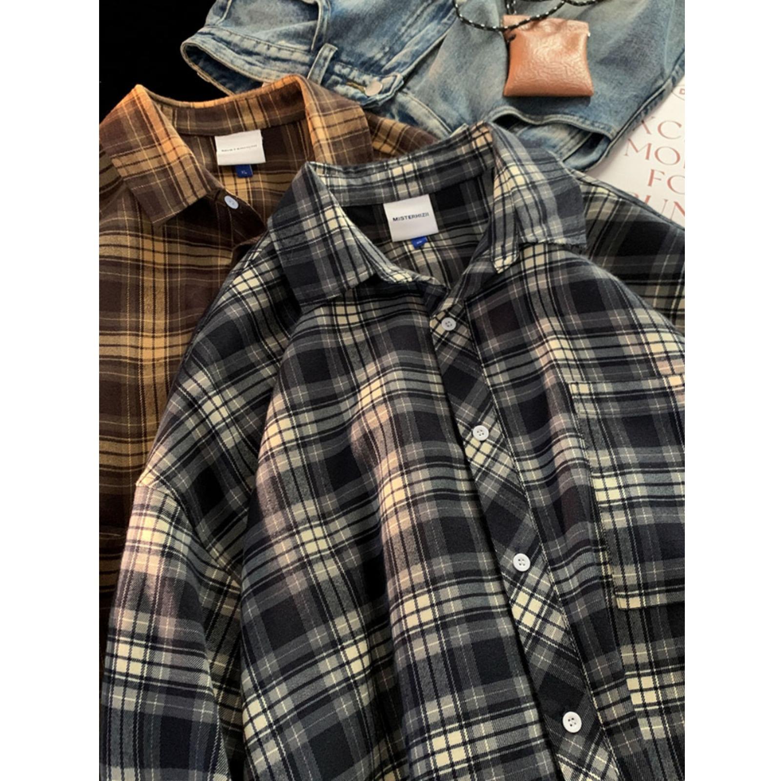 

Men s High-End Hong Kong Style Plaid Shirt - Autumn/Winter Trendy Long-Sleeve Japanese-Inspired Inner Wear & Spring Jacket M кавовий