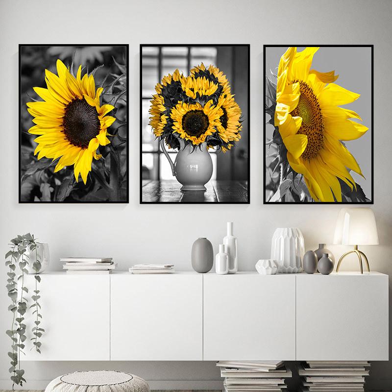 Graue Serie von Pflanzenblumen, dekoratives Gemälde, Sonnenblumen-Ölgemälde, Poster, Sofa, Wandhintergrund, Kunst, Leinwand, hängendes Gemälde