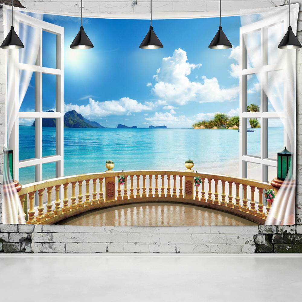 

Морская Черепаха Окно Пейзаж Гобелен Настенный Гобелен Богемный Психоделический Тайна Имитация Окна Домашний Художественный Декор 150x100 cm