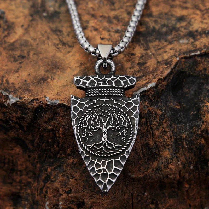 Retro Viking Tree of Life Pendant Necklace with Stainless Steel Chain - Nordic Spearhead Amulet Jewelry