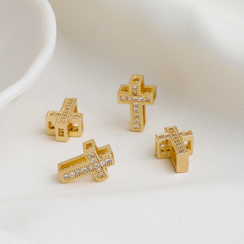14K Gold Plated Colorfast Zircon Double-Sided Cross Pendant with Beading Rope DIY Jewelry Materials